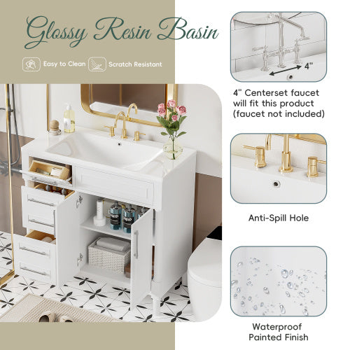 36'' Bathroom Vanity with Top Resin Sink – Freestanding Bathroom Storage Cabinet with 2 Drawers, Tip-Out Drawer, Solid Wood Frame & Height-Adjustable Shelf