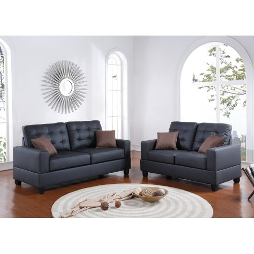 2-Piece Black Faux Leather Tufted Sofa & Loveseat Set with Pillows – Living Room Furniture
