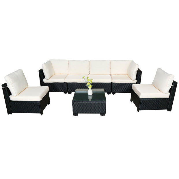 7-Piece Black PE Rattan Outdoor Sofa Set with Table & White Cushions – Modern Design