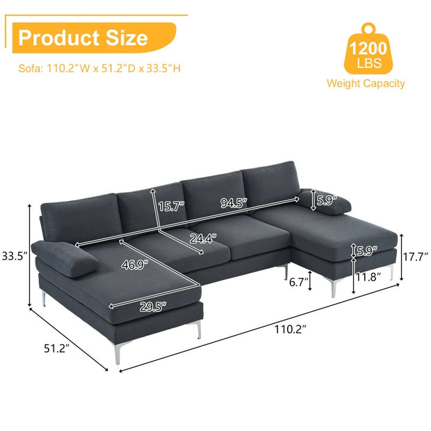 U-Shaped 4-Seat Linen Sofa – 280x130x85cm with Wooden & Iron Frame Support