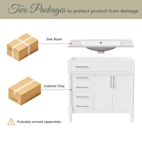 36'' Bathroom Vanity with Top Resin Sink – Freestanding Bathroom Storage Cabinet with 2 Drawers, Tip-Out Drawer, Solid Wood Frame & Height-Adjustable Shelf