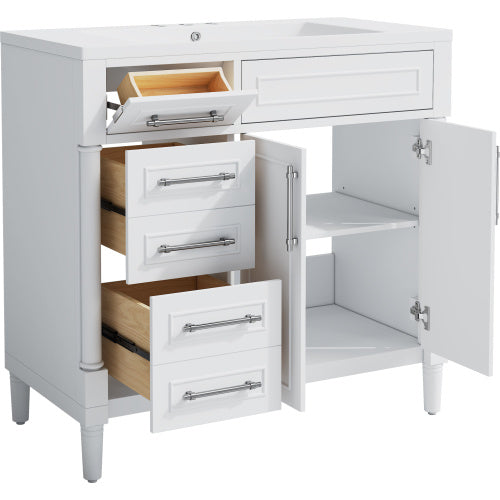36'' Bathroom Vanity with Top Resin Sink – Freestanding Bathroom Storage Cabinet with 2 Drawers, Tip-Out Drawer, Solid Wood Frame & Height-Adjustable Shelf