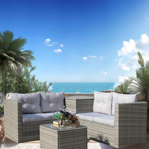 4-Piece Patio Sectional Wicker Rattan Sofa Set with Storage Box – Grey