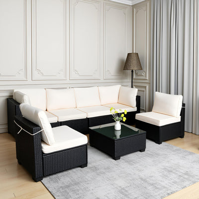 7-Piece Black PE Rattan Outdoor Sofa Set with Table & White Cushions – Modern Design