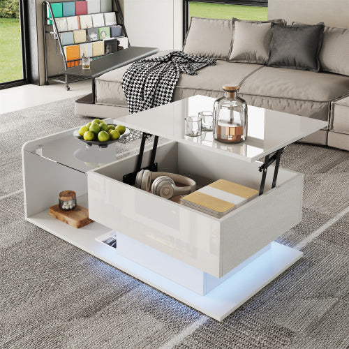 High-Gloss White Coffee Table – Side Table with Glass Top & LED Effect