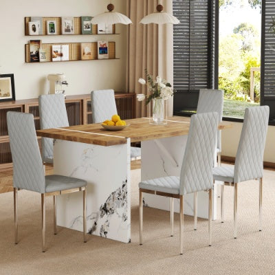 Natural Wood Grain MDF Dining Table with 6 Light Gray Modern Chairs – Minimalist Home Essential