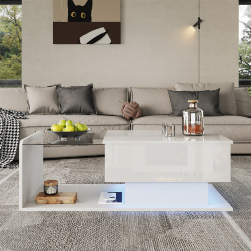 High-Gloss White Coffee Table – Side Table with Glass Top & LED Effect