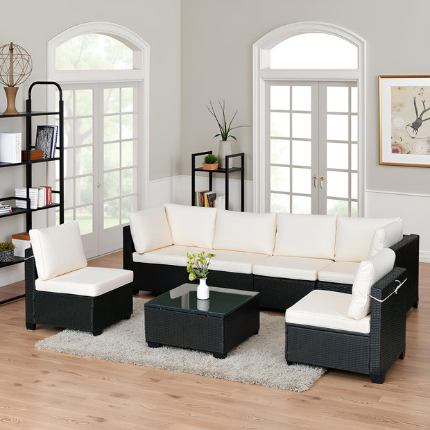 7-Piece Black PE Rattan Outdoor Sofa Set with Table & White Cushions – Modern Design