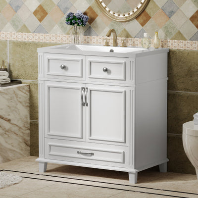 30'' Bathroom Vanity with Resin Sink – White Retro Style Cabinet with Soft-Closing Doors & Solid Wood Frame