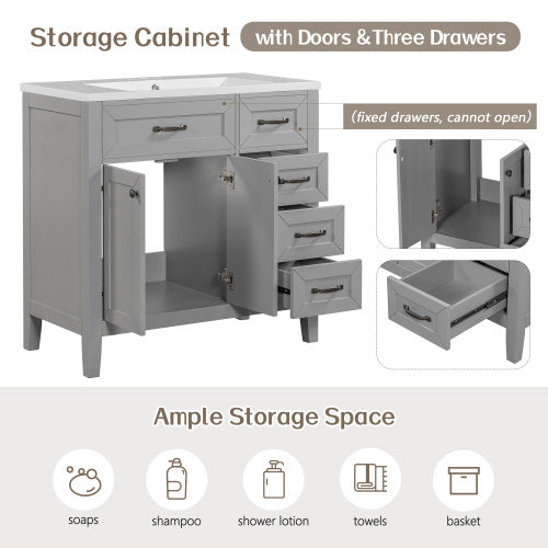 36'' Bathroom Vanity with Sink Combo – Gray Cabinet with Drawers, Solid Frame & MDF Board