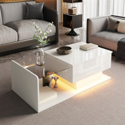 High-Gloss White Coffee Table – Side Table with Glass Top & LED Effect
