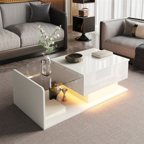 High-Gloss White Coffee Table – Side Table with Glass Top & LED Effect