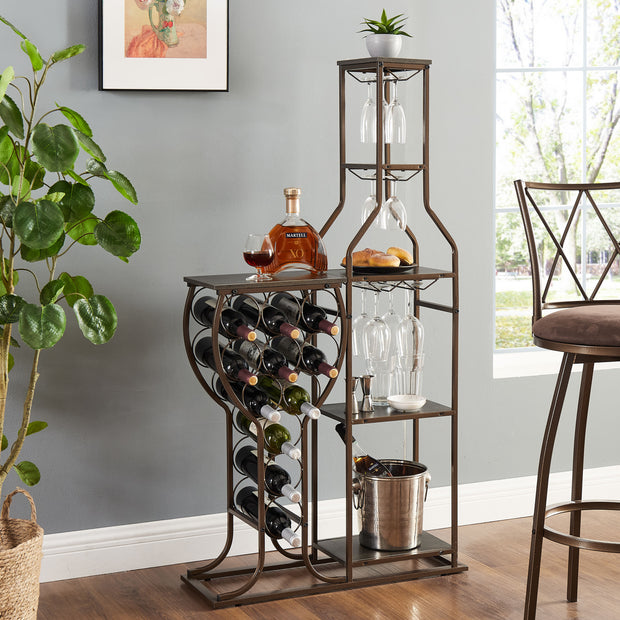 5-Tier Freestanding Wine Rack with Glass Holder & Storage Shelves