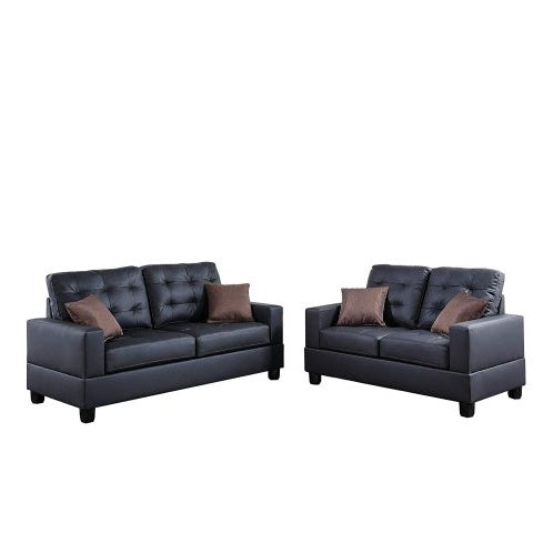 2-Piece Black Faux Leather Tufted Sofa & Loveseat Set with Pillows – Living Room Furniture
