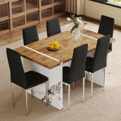 Natural Wood Grain MDF Dining Table with 6 Light Gray Modern Chairs – Minimalist Home Essential