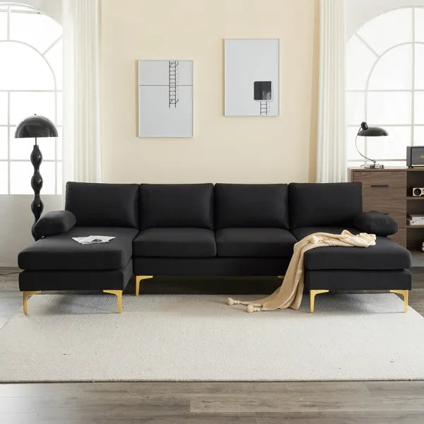 U-Shaped 4-Seat Linen Sofa – 280x130x85cm with Wooden & Iron Frame Support