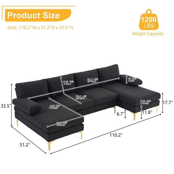 U-Shaped 4-Seat Linen Sofa – 280x130x85cm with Wooden & Iron Frame Support
