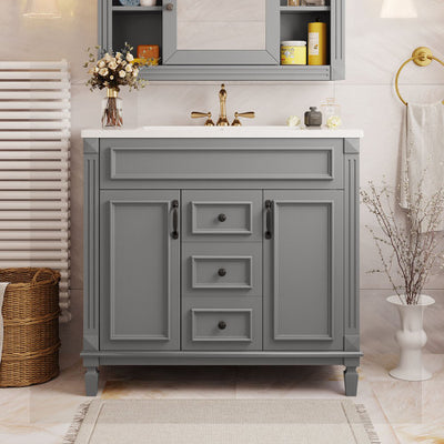 36'' Modern Bathroom Vanity with Top Sink – Freestanding Storage Cabinet with 2 Soft-Closing Doors, 2 Drawers & Single Sink Design for Stylish Bathrooms