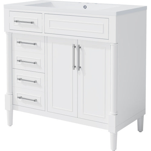 36'' Bathroom Vanity with Top Resin Sink – Freestanding Bathroom Storage Cabinet with 2 Drawers, Tip-Out Drawer, Solid Wood Frame & Height-Adjustable Shelf