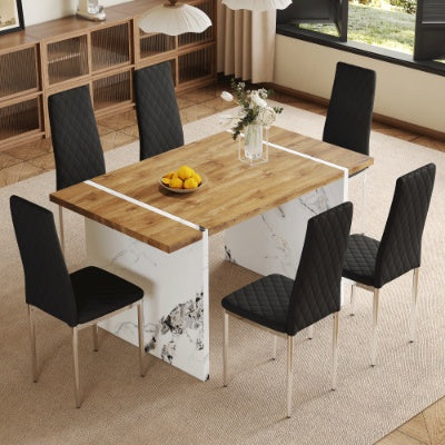 Natural Wood Grain MDF Dining Table with 6 Light Gray Modern Chairs – Minimalist Home Essential