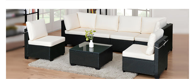 7-Piece Black PE Rattan Outdoor Sofa Set with Table & White Cushions – Modern Design