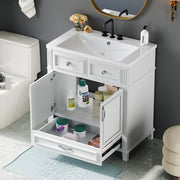 30'' Bathroom Vanity with Resin Sink – White Retro Style Cabinet with Soft-Closing Doors & Solid Wood Frame