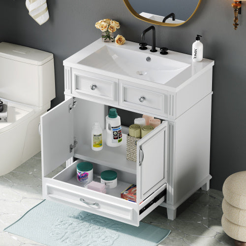 30'' Bathroom Vanity with Resin Sink – White Retro Style Cabinet with Soft-Closing Doors & Solid Wood Frame