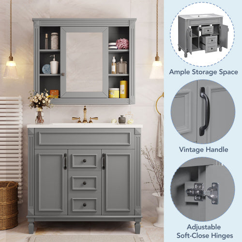 36'' Royal Blue Bathroom Vanity with Top Sink – Modern Storage Cabinet with Matching Mirror, 2 Soft-Closing Doors, 2 Drawers & Single Sink Design for Stylish Bathrooms