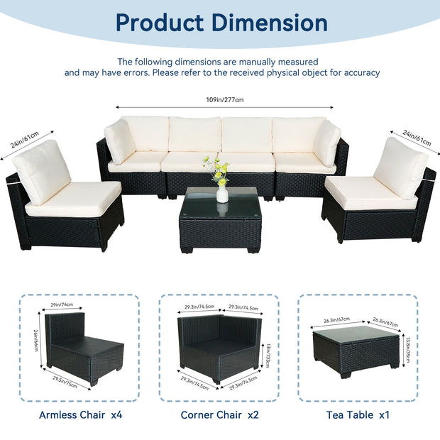 7-Piece Black PE Rattan Outdoor Sofa Set with Table & White Cushions – Modern Design