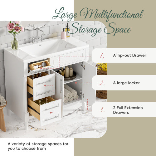 36'' Bathroom Vanity with Top Resin Sink – Freestanding Bathroom Storage Cabinet with 2 Drawers, Tip-Out Drawer, Solid Wood Frame & Height-Adjustable Shelf