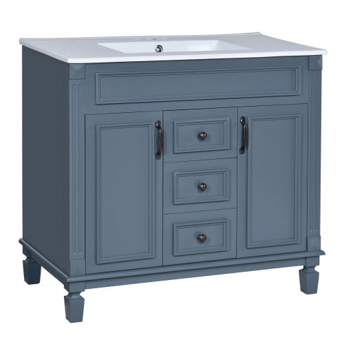 36'' Royal Blue Bathroom Vanity with Top Sink – Modern Storage Cabinet with Matching Mirror, 2 Soft-Closing Doors, 2 Drawers & Single Sink Design for Stylish Bathrooms