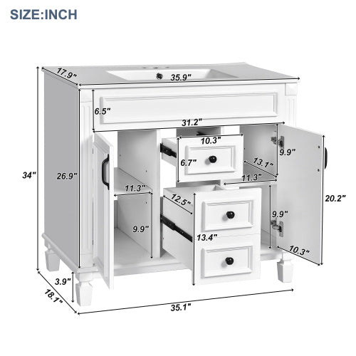 36'' Bathroom Vanity with Top Sink – Modern Storage Cabinet with 2 Soft-Closing Doors & 2 Drawers