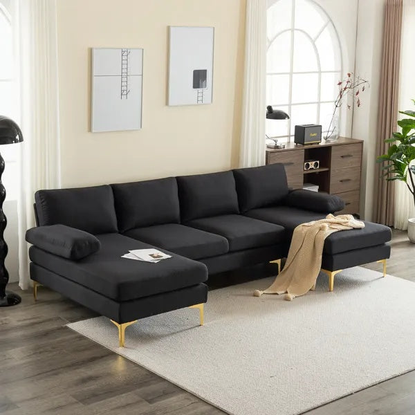 U-Shaped 4-Seat Linen Sofa – 280x130x85cm with Wooden & Iron Frame Support