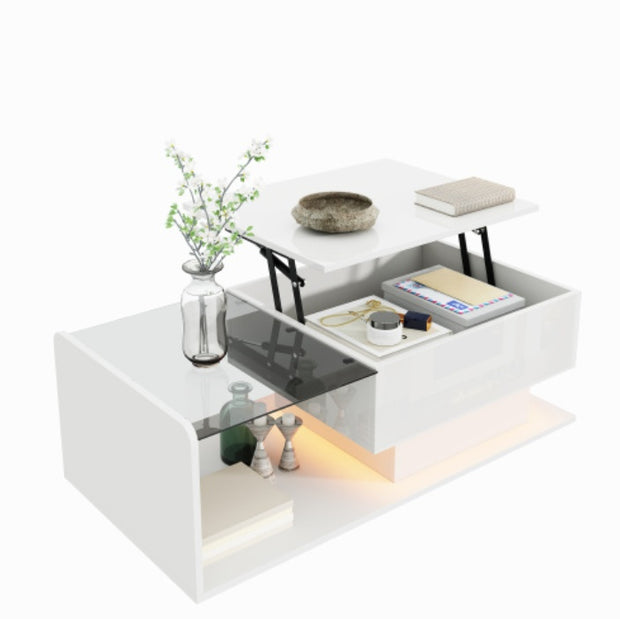 High-Gloss White Coffee Table – Side Table with Glass Top & LED Effect