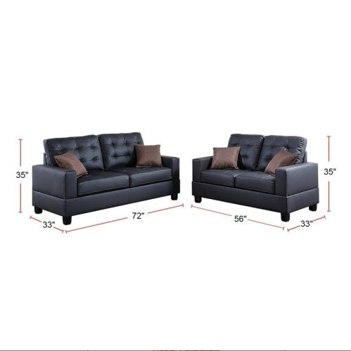 2-Piece Black Faux Leather Tufted Sofa & Loveseat Set with Pillows – Living Room Furniture