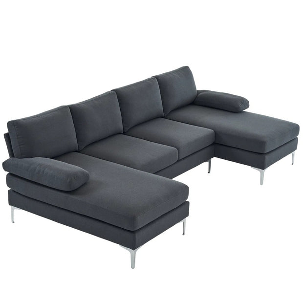 U-Shaped 4-Seat Linen Sofa – 280x130x85cm with Wooden & Iron Frame Support