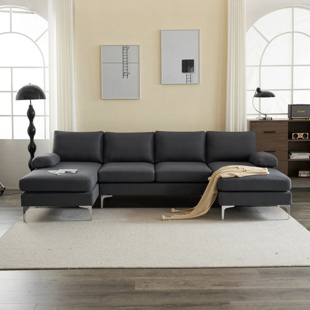 U-Shaped 4-Seat Linen Sofa – 280x130x85cm with Wooden & Iron Frame Support