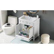 30'' Bathroom Vanity with Resin Sink – White Retro Style Cabinet with Soft-Closing Doors & Solid Wood Frame