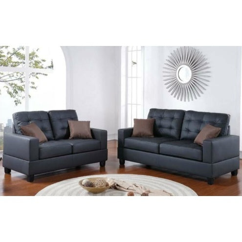 2-Piece Black Faux Leather Tufted Sofa & Loveseat Set with Pillows – Living Room Furniture