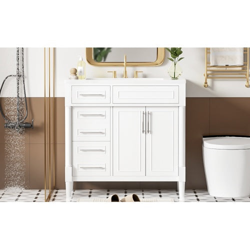 36'' Bathroom Vanity with Top Resin Sink – Freestanding Bathroom Storage Cabinet with 2 Drawers, Tip-Out Drawer, Solid Wood Frame & Height-Adjustable Shelf