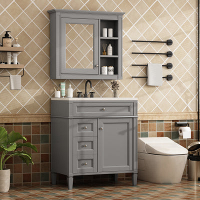 30'' Bathroom Vanity with Top Sink – Modern Cabinet with 2 Drawers, Tip-Out Drawer & Mirror