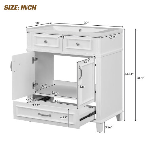 30'' Bathroom Vanity with Resin Sink – White Retro Style Cabinet with Soft-Closing Doors & Solid Wood Frame