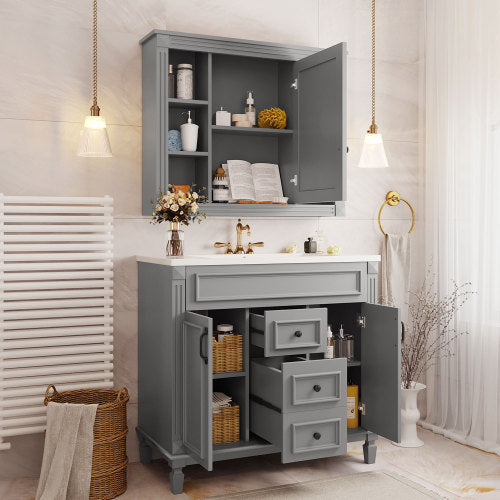 36'' Royal Blue Bathroom Vanity with Top Sink – Modern Storage Cabinet with Matching Mirror, 2 Soft-Closing Doors, 2 Drawers & Single Sink Design for Stylish Bathrooms