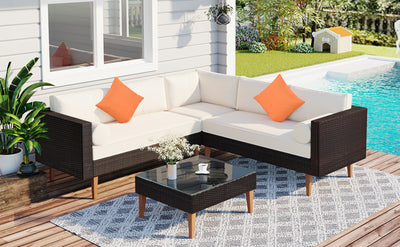 4-Piece Outdoor Wicker Sofa Set – L-Shape Patio Furniture with Colorful Pillows