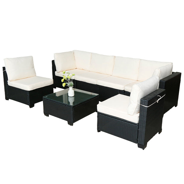 7-Piece Black PE Rattan Outdoor Sofa Set with Table & White Cushions – Modern Design