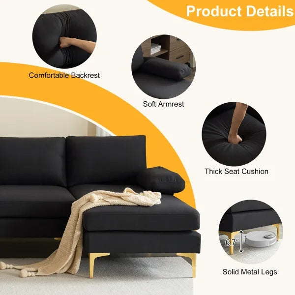 U-Shaped 4-Seat Linen Sofa – 280x130x85cm with Wooden & Iron Frame Support