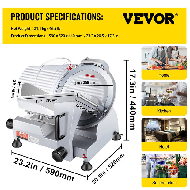 VEVOR 320W Commercial Meat Slicer – 12" Carbon Steel Blade, 350-400RPM Electric Deli Slicer with Adjustable Thickness 0-0.6" for Meat, Cheese, Veggies & Ham