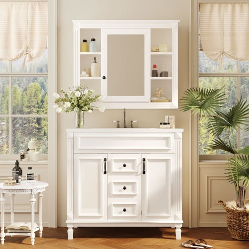 36'' Royal Blue Bathroom Vanity with Top Sink – Modern Storage Cabinet with Matching Mirror, 2 Soft-Closing Doors, 2 Drawers & Single Sink Design for Stylish Bathrooms