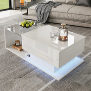 High-Gloss White Coffee Table – Side Table with Glass Top & LED Effect