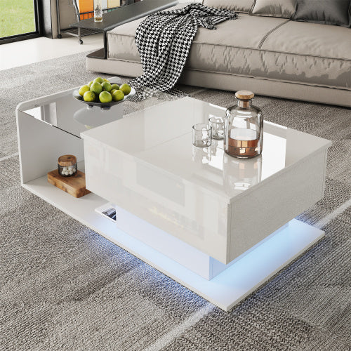 High-Gloss White Coffee Table – Side Table with Glass Top & LED Effect